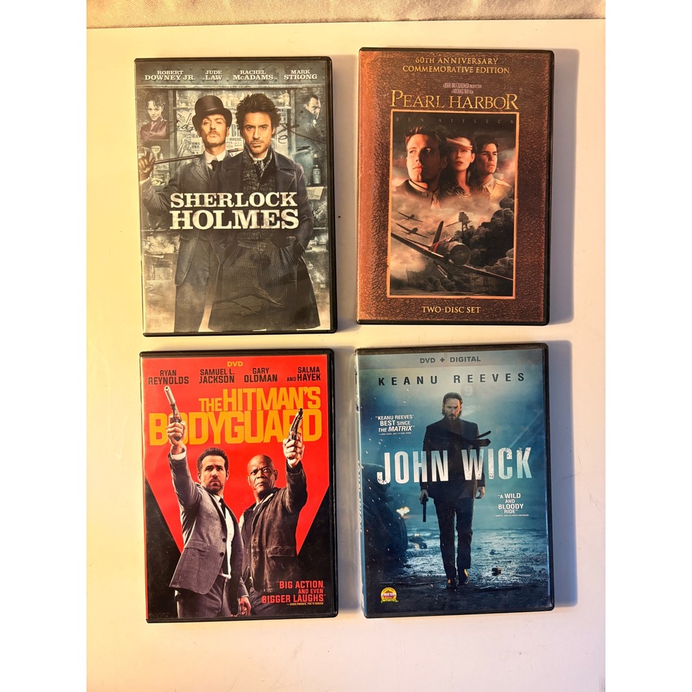 Action DVD Movie Lot John Wick Sherlock Holmes Pearl Harbor Hitmans Bodyguard